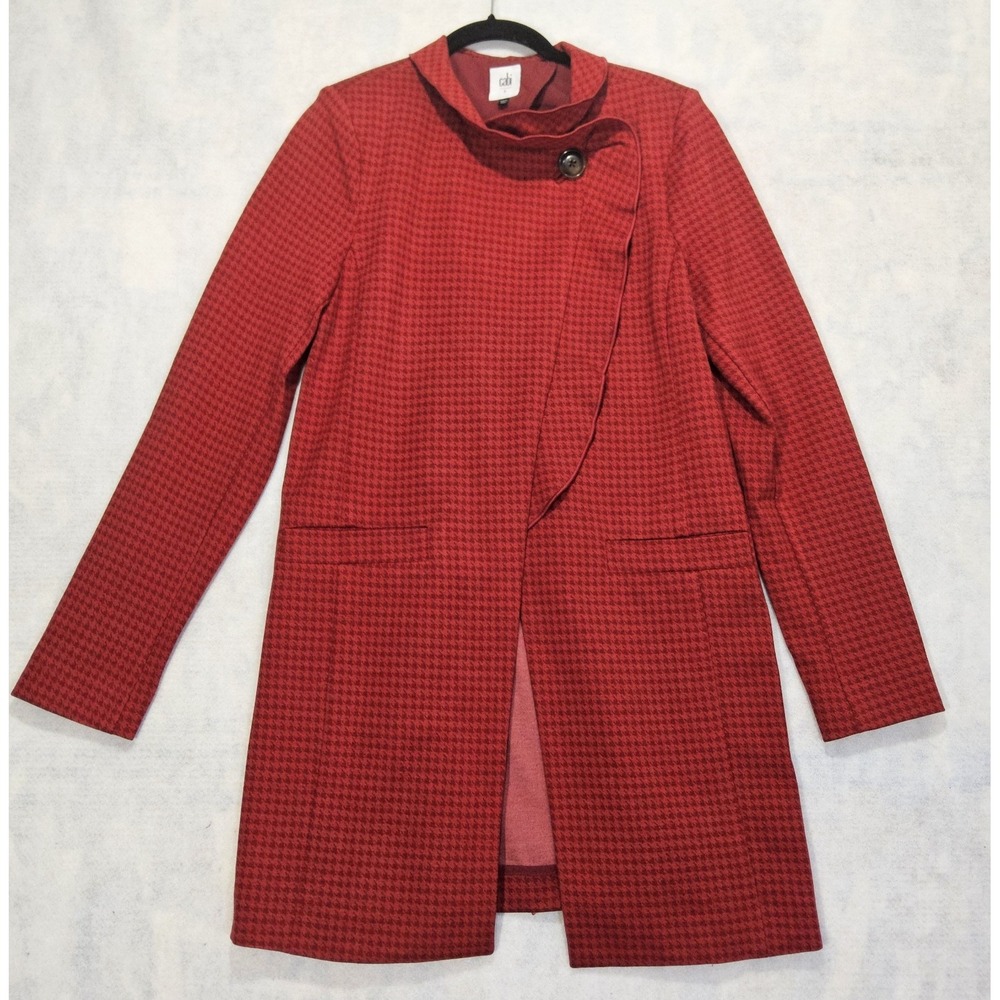Cabi Jacket Sz Small 3456 Red Houndstooth Ruffle Trim Celebration Coat Long